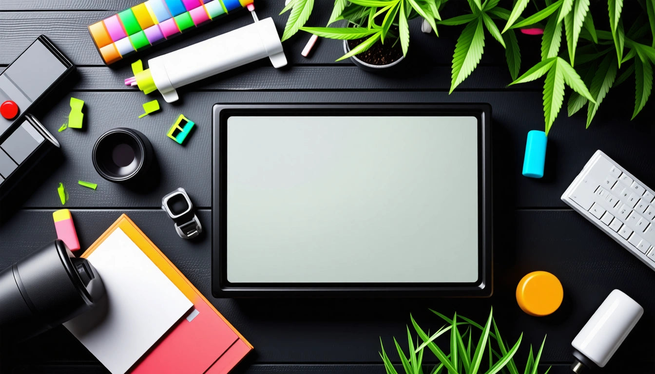 Tablet on black desk surrounded by plants, colorful pens, camera lens, smartwatch, and notebooks