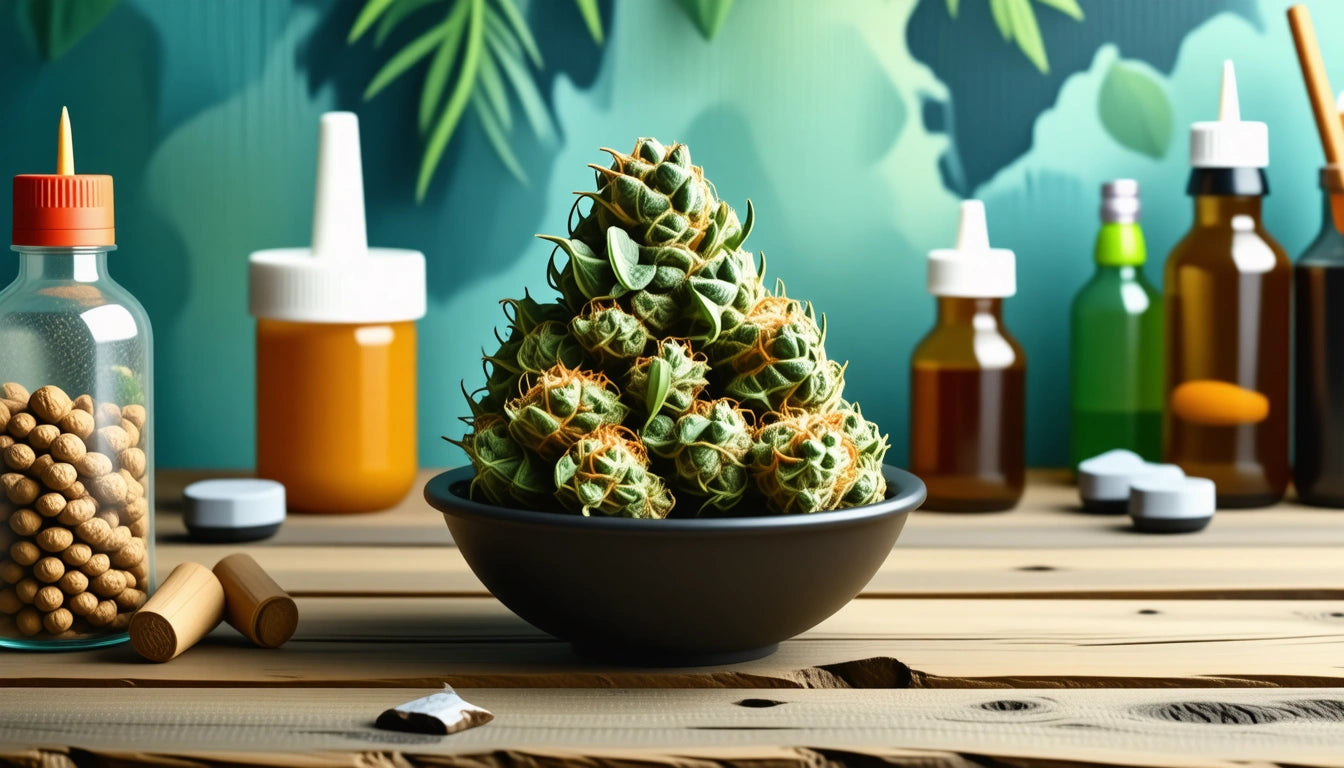Bowl of green and orange spiky objects on wooden table, surrounded by various bottles and containers, leafy backdrop