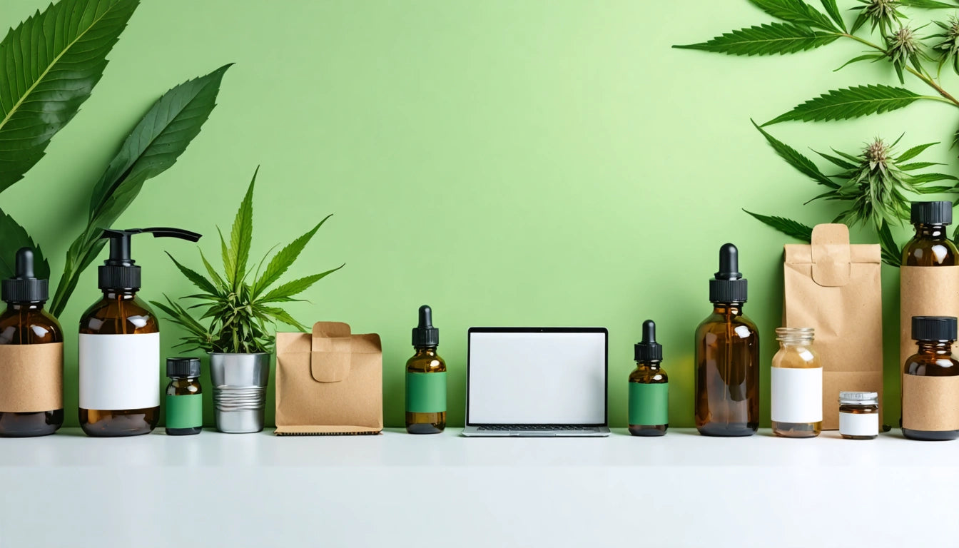 Bottles with droppers, a laptop, potted plants, and paper bags on a white surface against a green background
