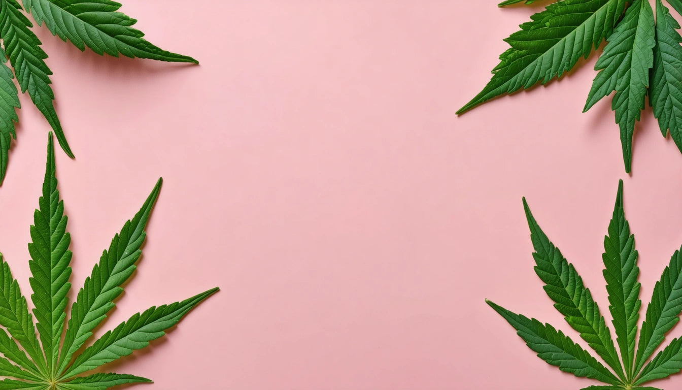 Green leaves in each corner on a pink background