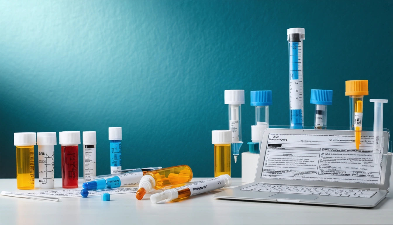 Test tubes and vials with colorful liquids on a table, open laptop displaying documents, teal wall background