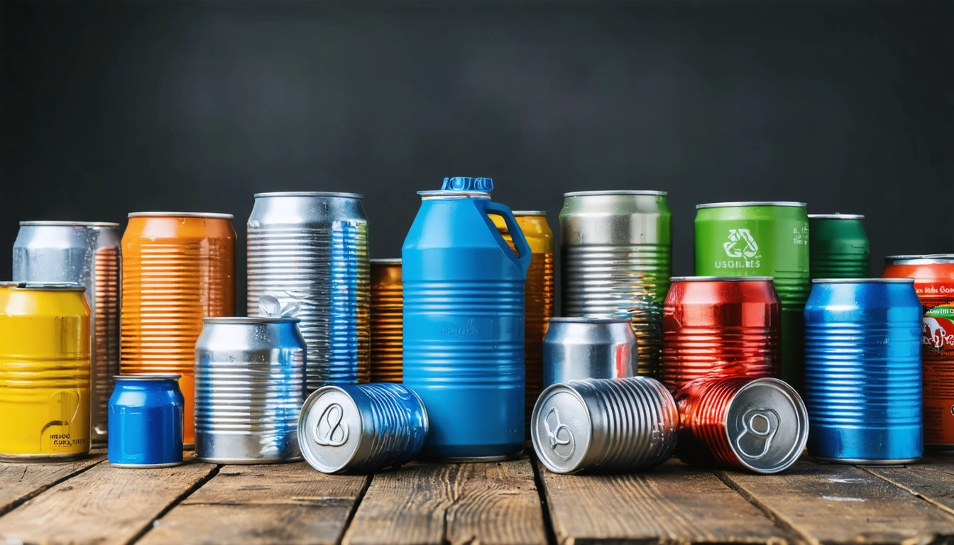 Assorted colorful cans and bottles on wooden surface against dark background, including blue, orange, silver, and green containers
