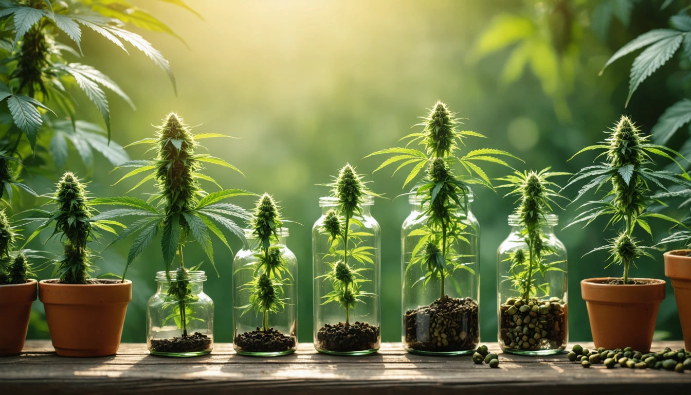 Glass jars and terracotta pots with green plants on a wooden surface, sunlight filtering through leaves in the background