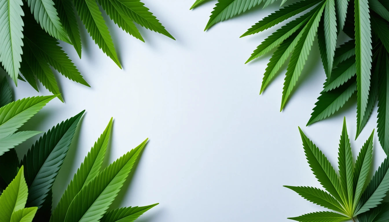 Green leaves with serrated edges frame a white background, creating a border effect