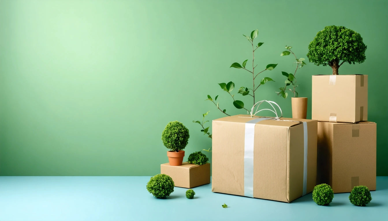 Cardboard boxes with small potted plants and green leaves against a green background