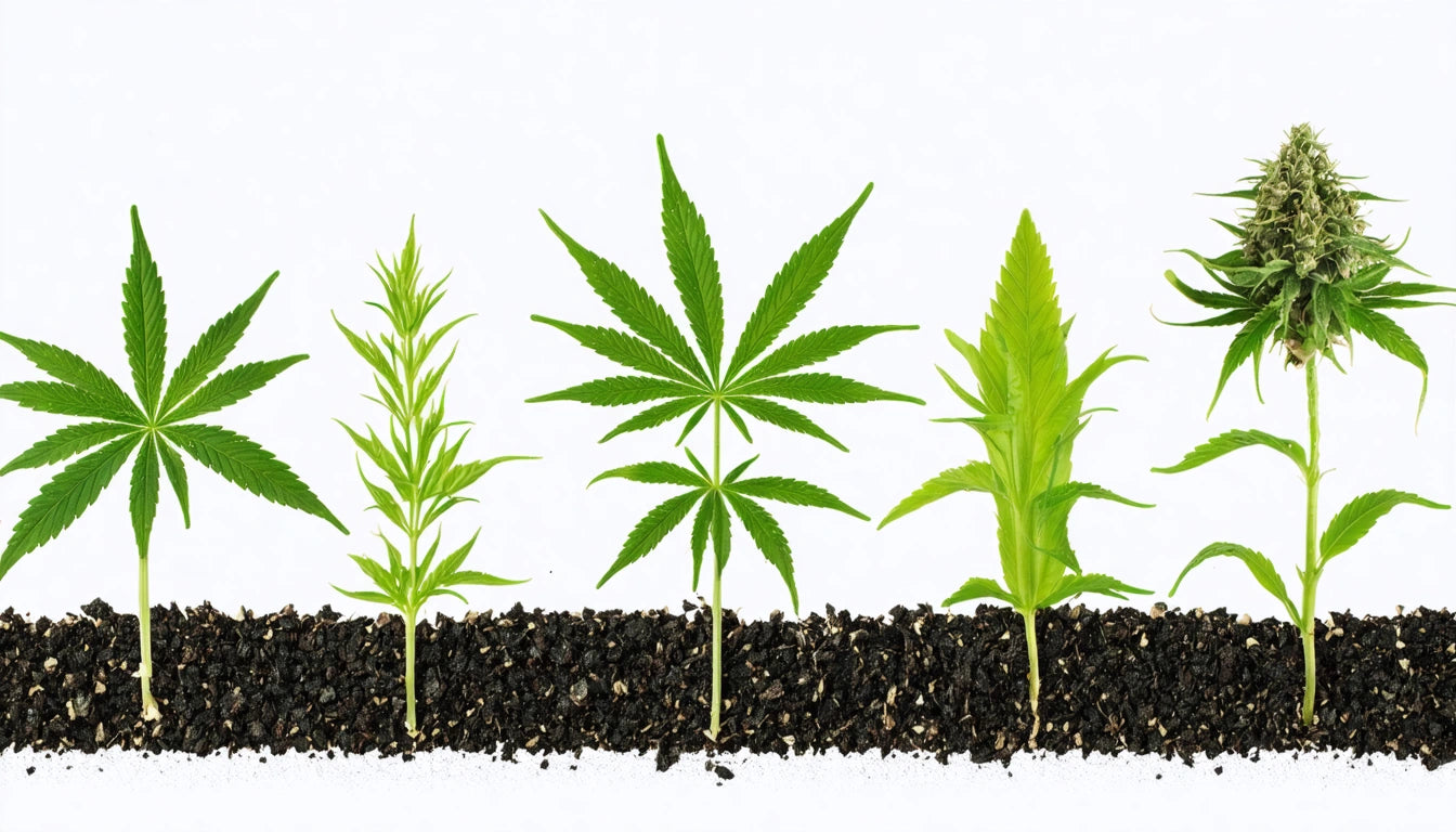 Five green plants at different growth stages in a row, rooted in dark soil against a white background