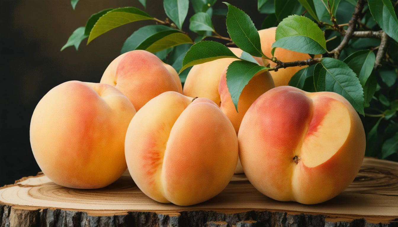 Five ripe peaches with red and yellow hues on a wooden surface, surrounded by green leaves and branches
