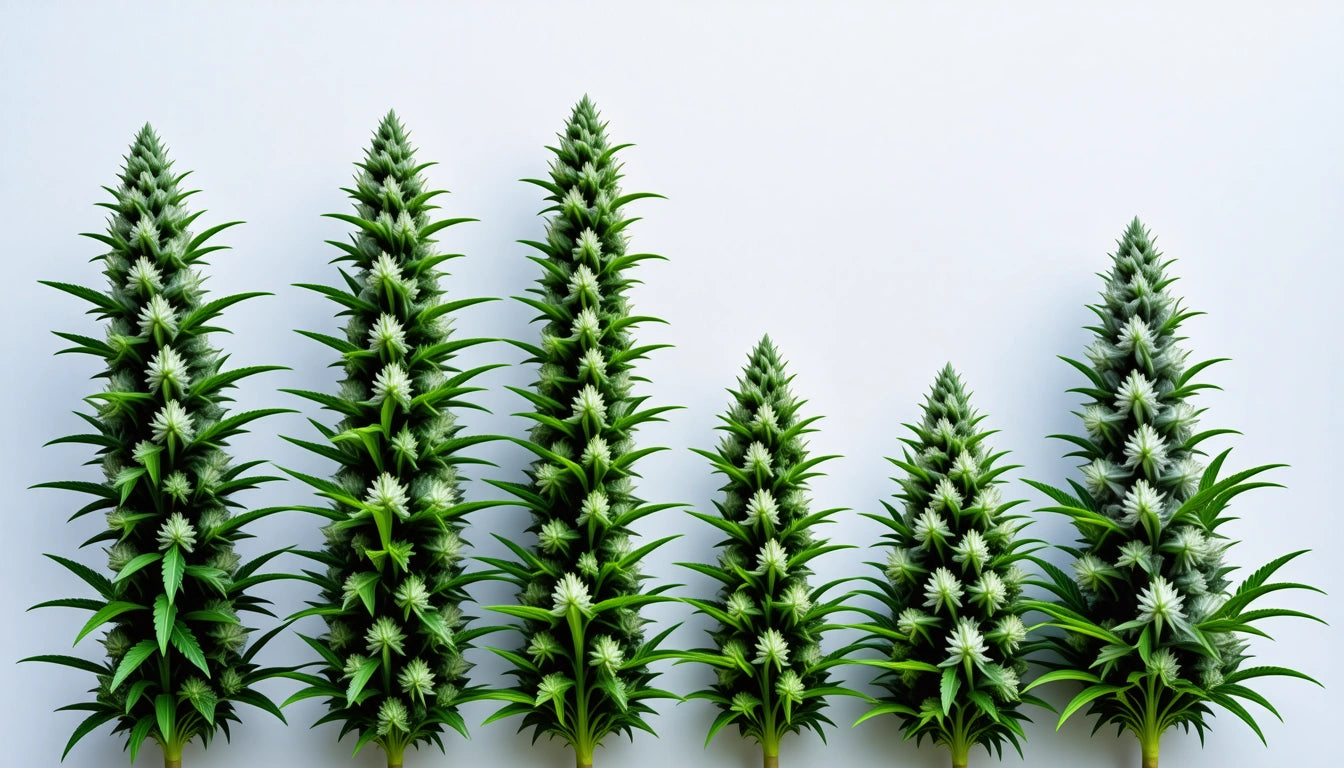 Tall, green, conical plants with pointed leaves and white buds against a plain light background