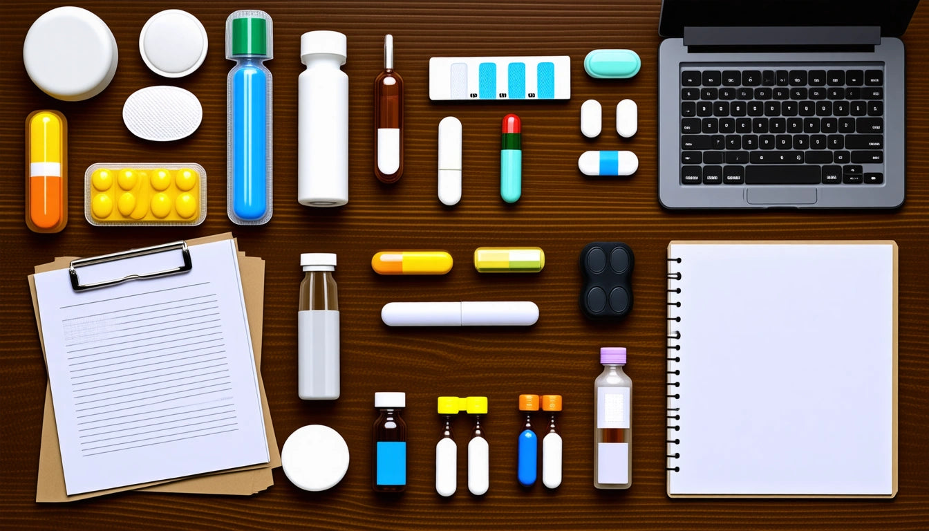 Laptop, open notebook, clipboard, and various colorful pills and bottles arranged neatly on a wooden surface