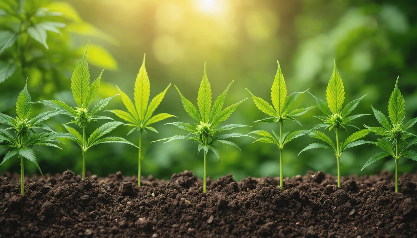 Six young green plants with serrated leaves growing in soil, blurred green foliage in background, sunlight filtering through