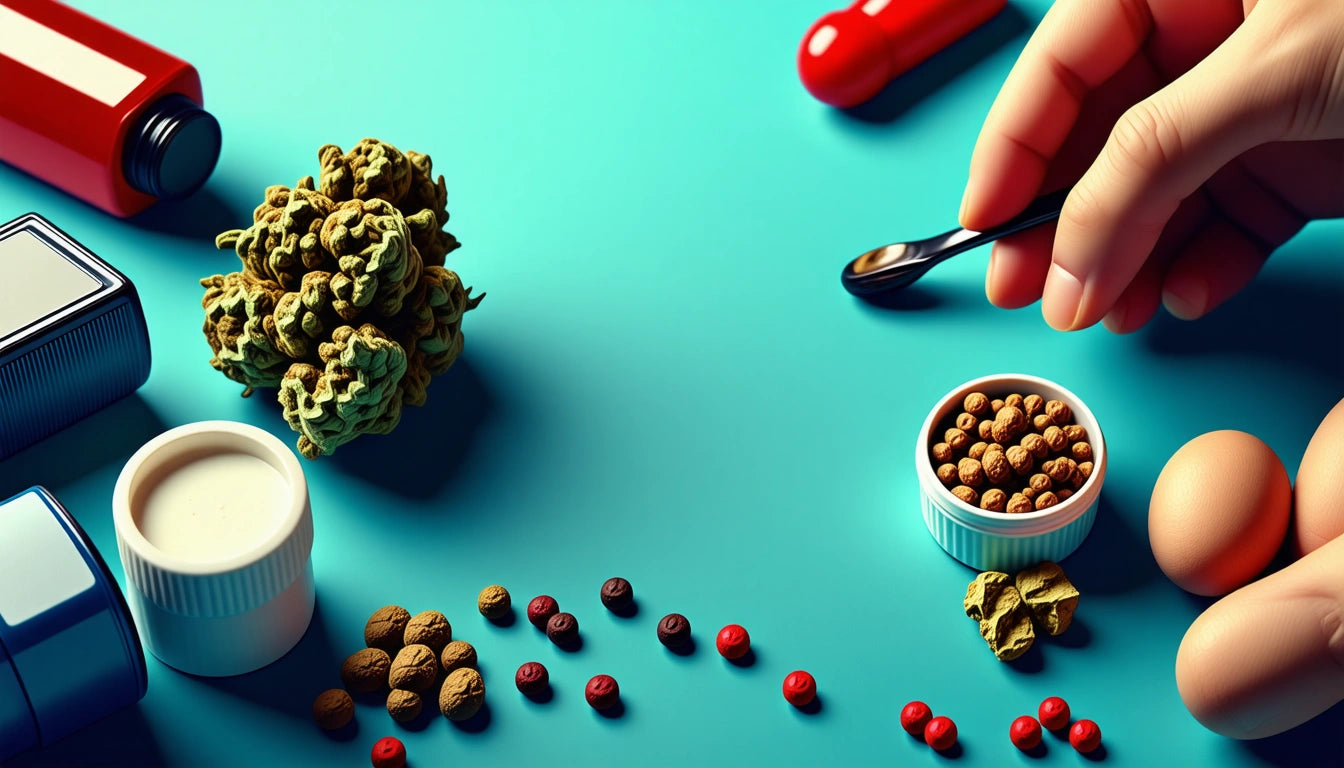 Hand holding spoon over bowl of round seeds, surrounded by pills, eggs, and a cluster of green buds on a blue surface
