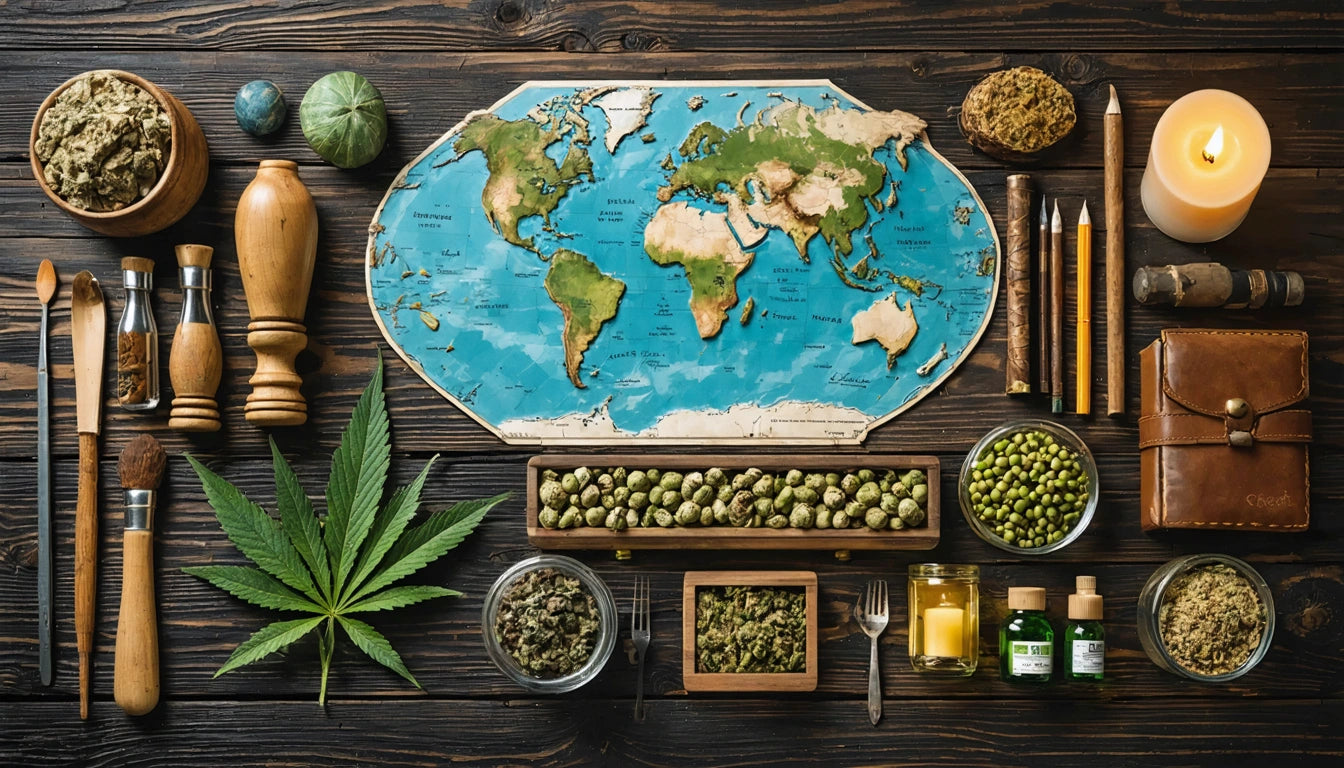 Map of the world on wooden table surrounded by spices, candles, a leaf, small jars, and writing tools