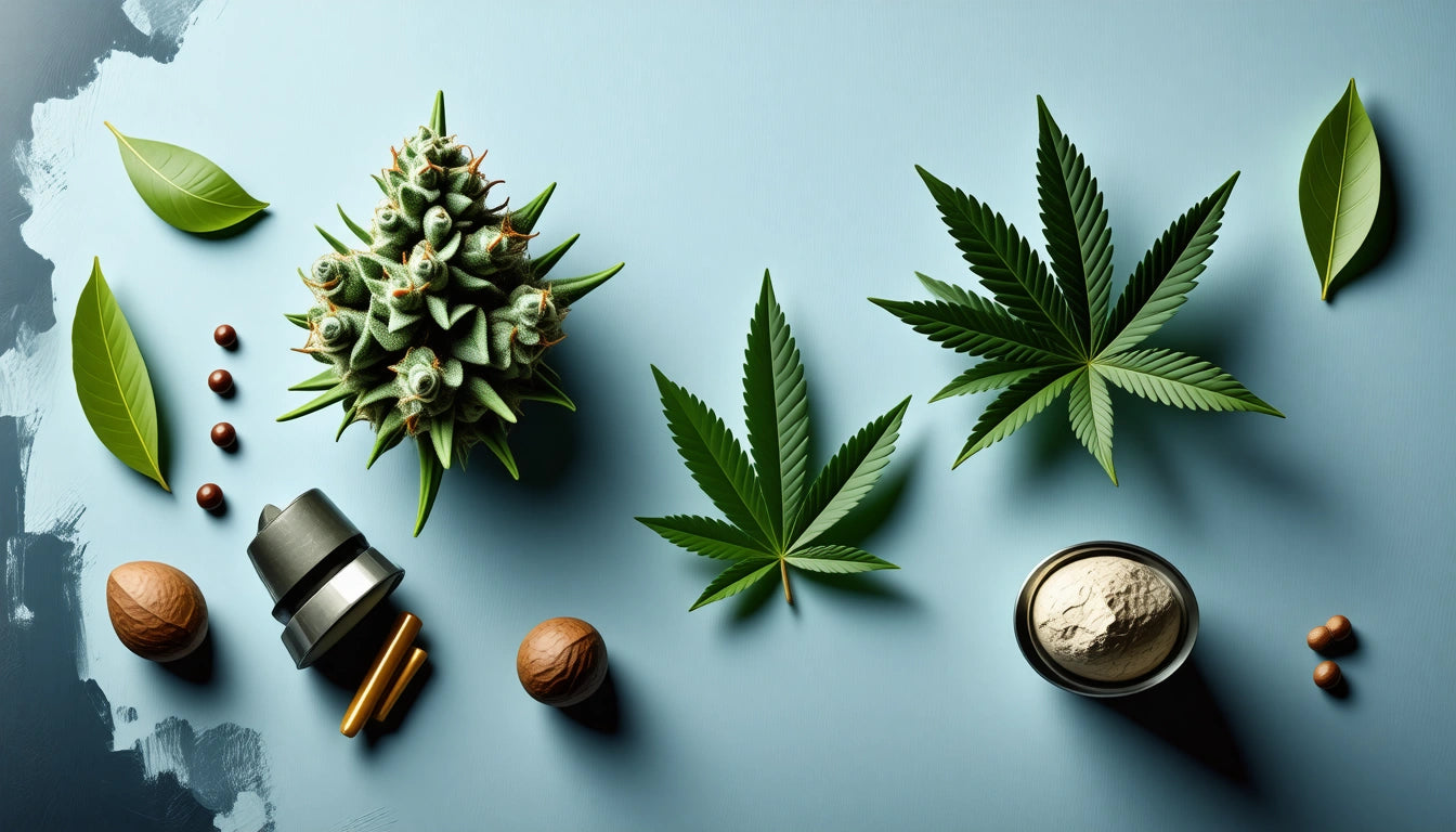 Green leaves, pinecone-like object, nuts, capsules, and a small bowl on a light blue surface