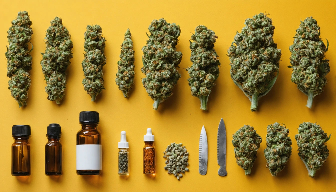 Rows of cannabis buds, amber bottles, dropper bottles, and small knives arranged on a yellow background