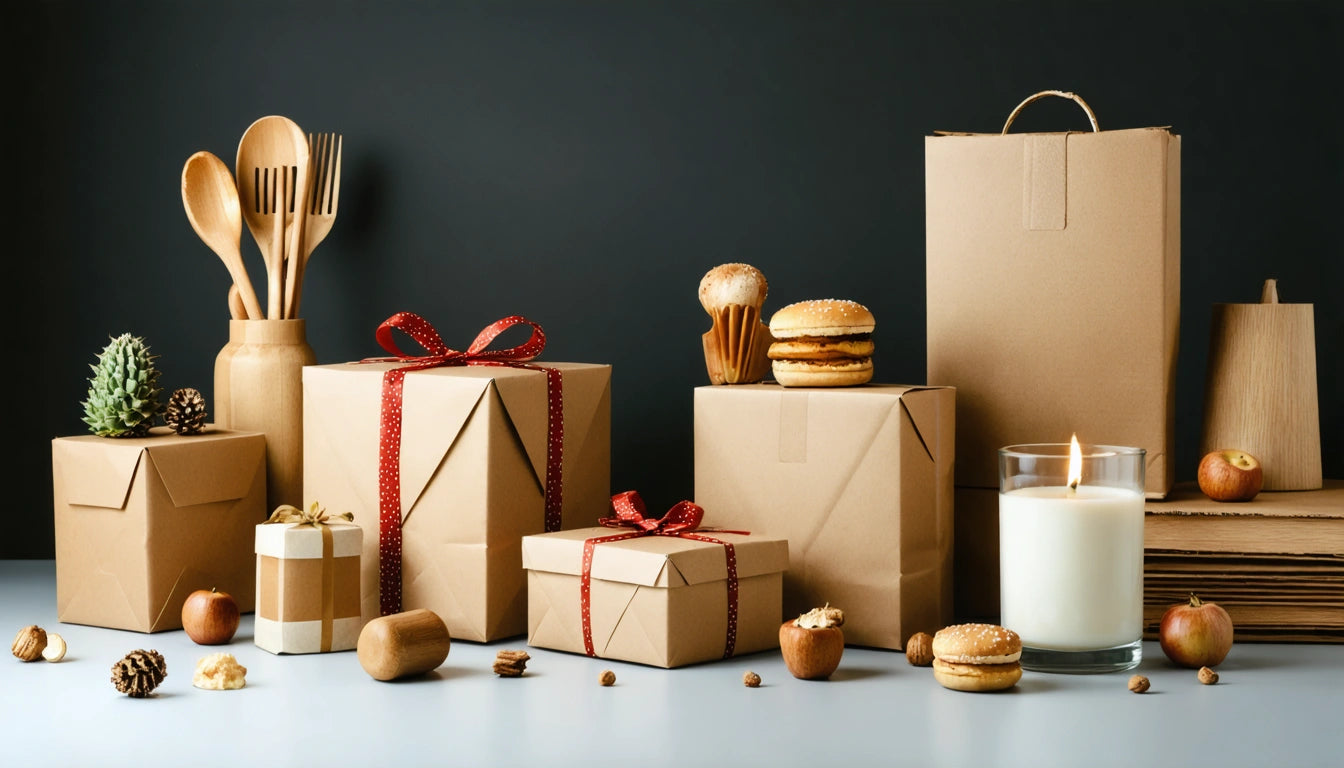 Brown paper packages with red ribbons, wooden utensils, a lit candle, macarons, and small apples on a gray surface