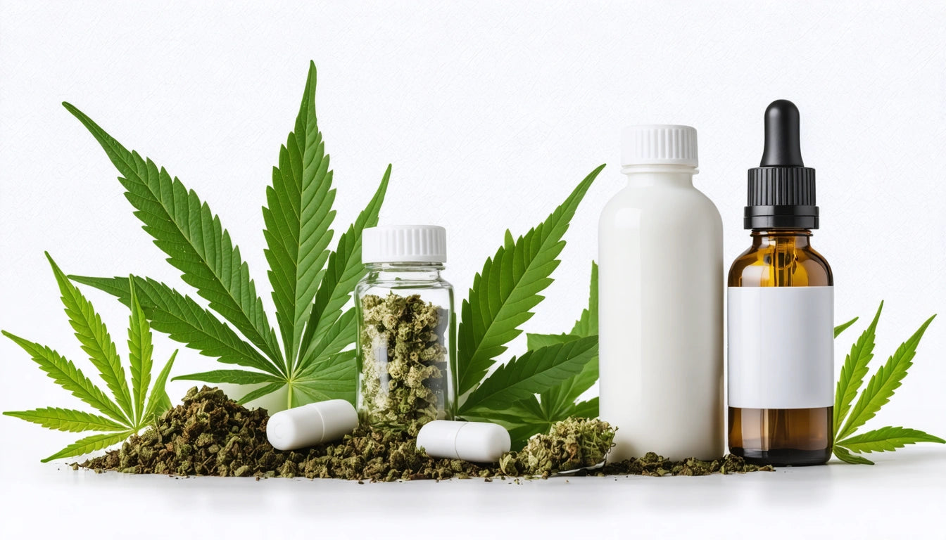 Green leaves, small jars with dried herbs, white capsules, white bottle, and amber dropper bottle on white background