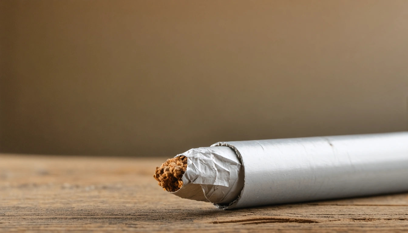 Cigarette lying on wooden surface, focus on the tobacco end, with a blurred brown background