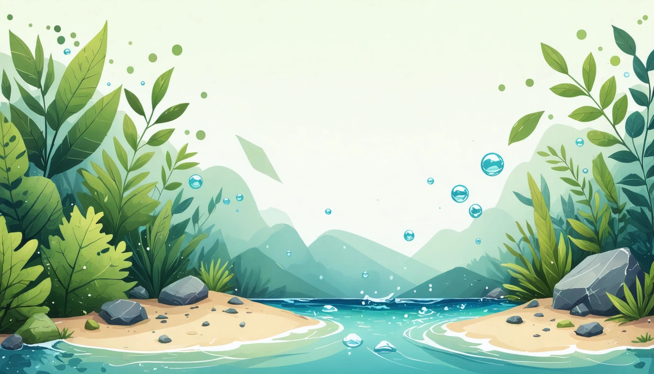 Lush green plants and rocks border a flowing river with bubbles, set against distant green mountains under a pale sky