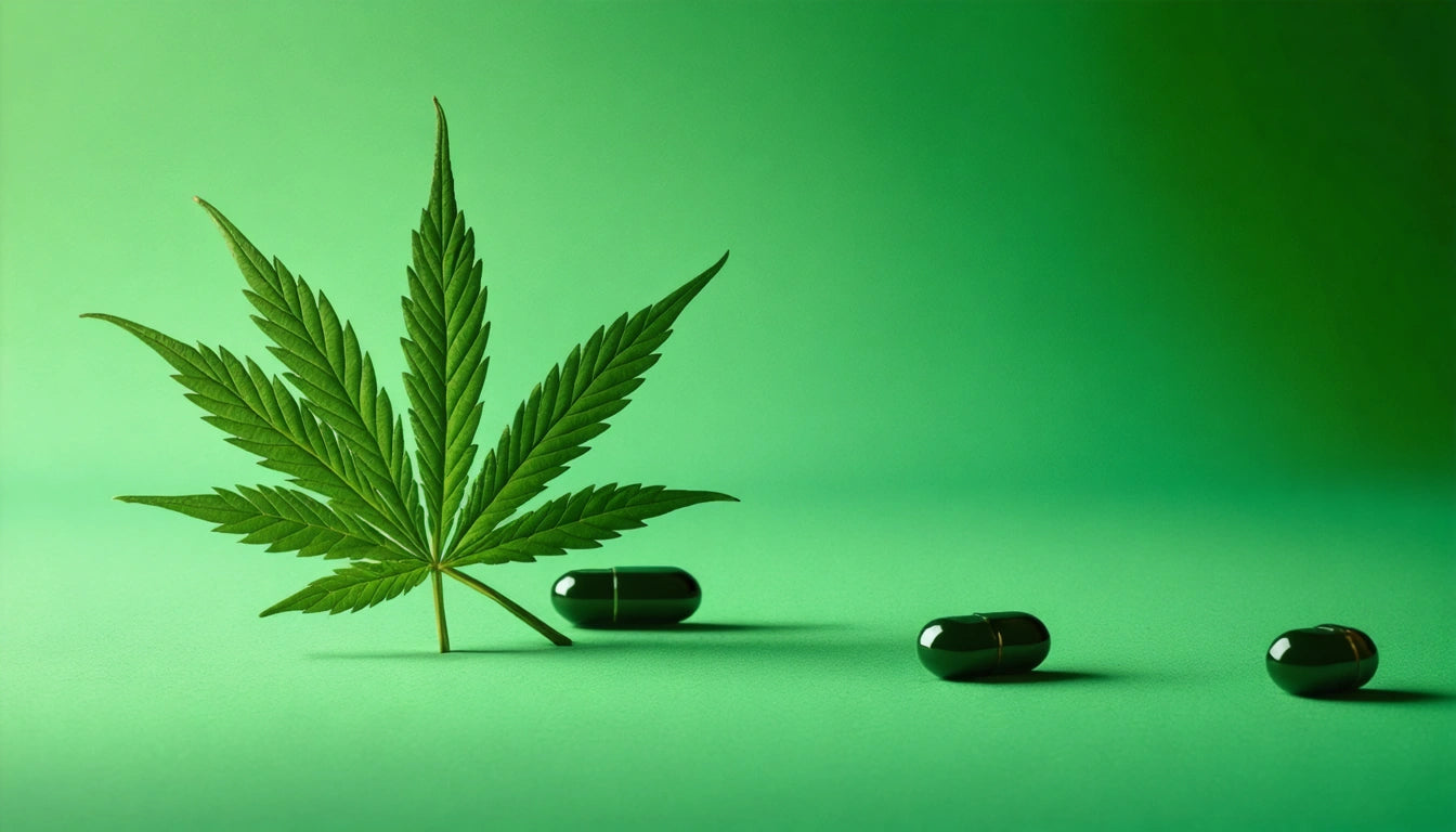 Green cannabis leaf and two green capsules on a smooth green surface with a gradient background