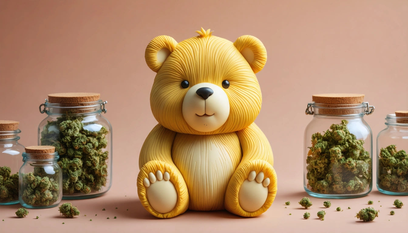 Yellow teddy bear with textured fur sits between glass jars filled with green buds on a peach background