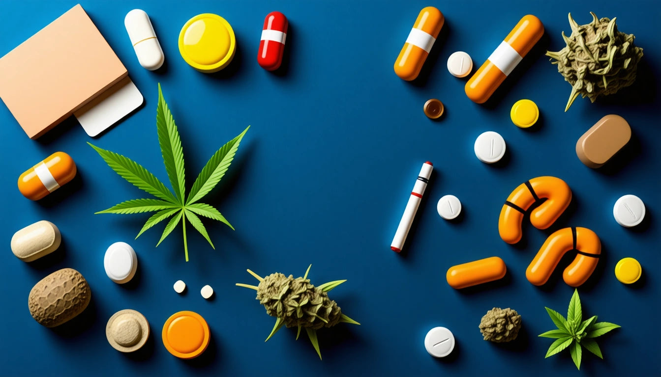 Various pills, capsules, cannabis leaves, and buds on a blue background, with a vape pen and a small box