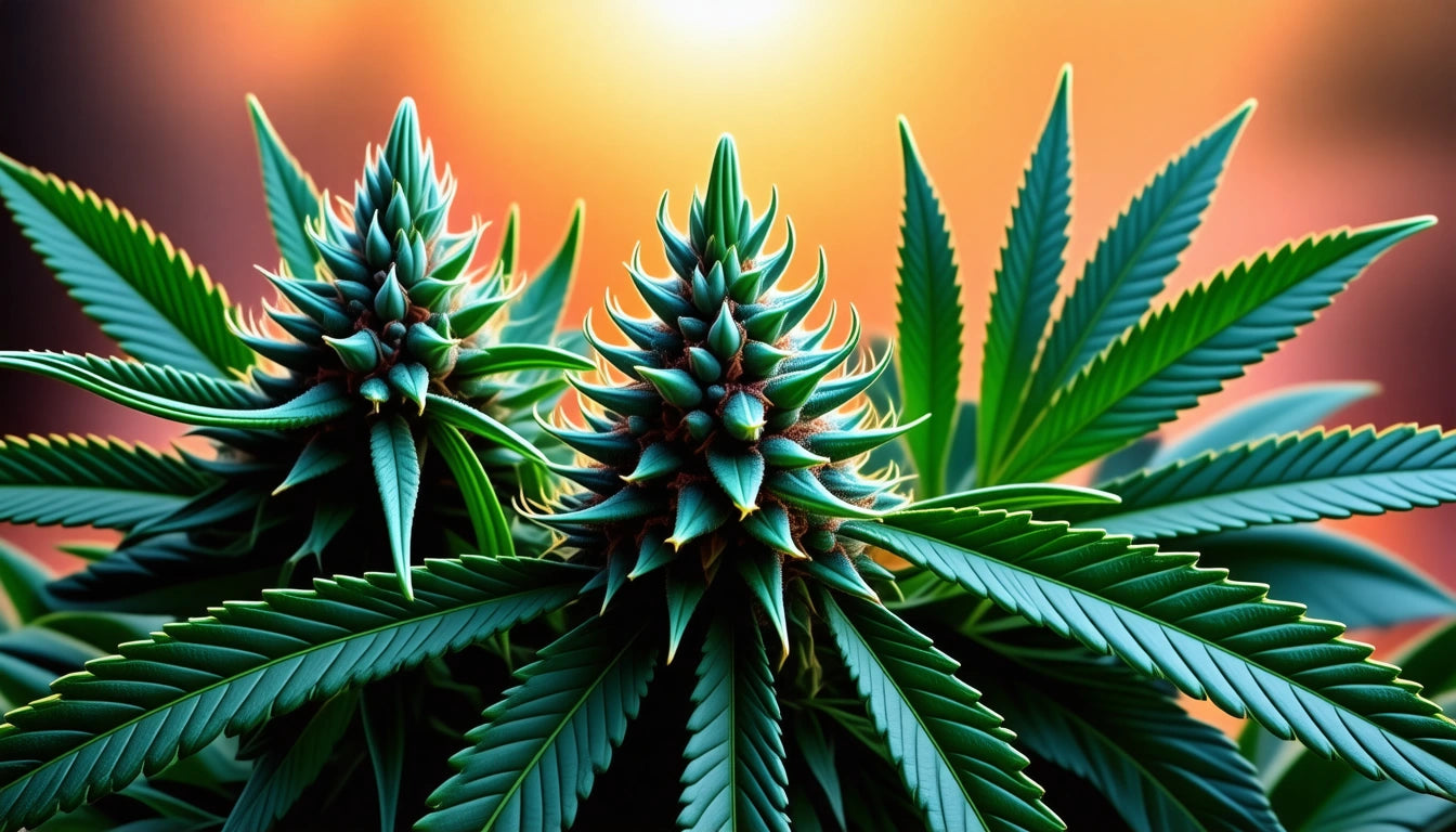 Two green plants with pointed leaves against a blurred orange and yellow background