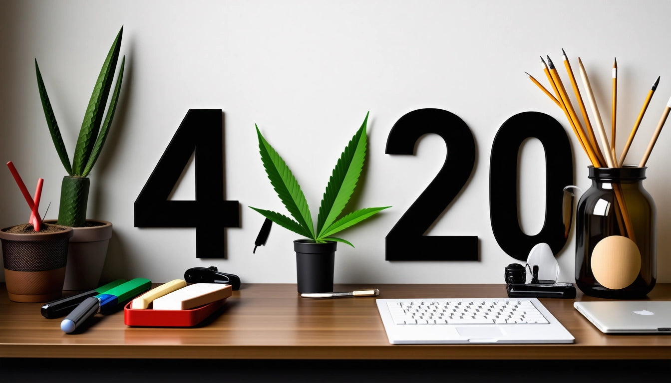 Black numbers "4" and "20" on wall, small potted plant between them, wooden desk with keyboard, pencils, and a red tray