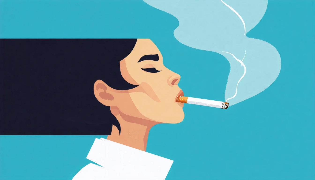 Profile of a person with short dark hair smoking a cigarette, white smoke curling upwards against a blue background