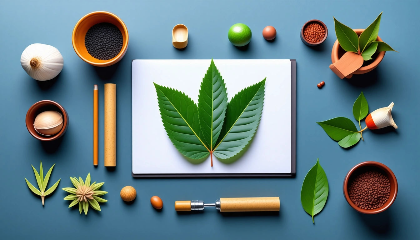 Large green leaf on white paper, surrounded by various bowls, seeds, pencils, and small leaves on a blue surface