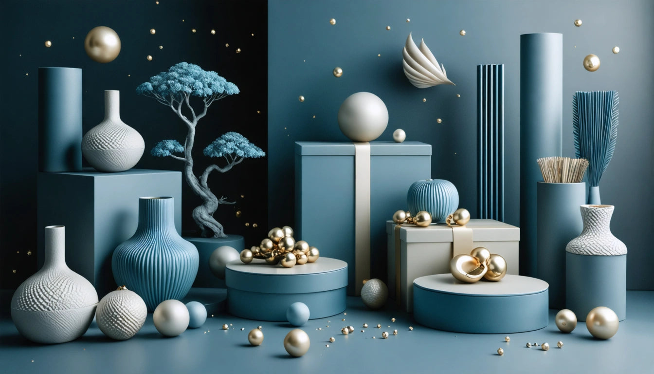 Blue and gold vases, boxes, and spheres arranged with a bonsai tree and scattered small golden balls on a blue surface