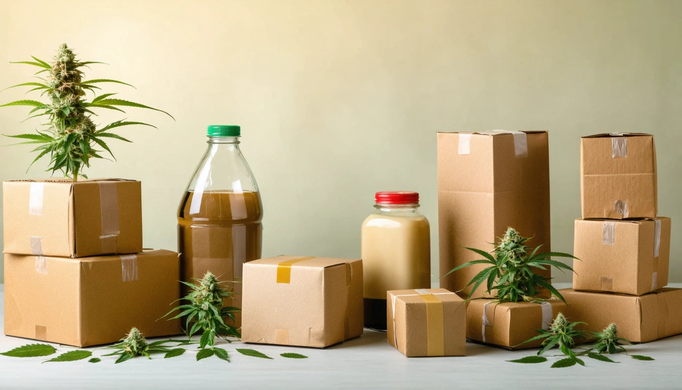 Cardboard boxes, glass bottles with red and green caps, and cannabis plants on a light surface with a gradient background