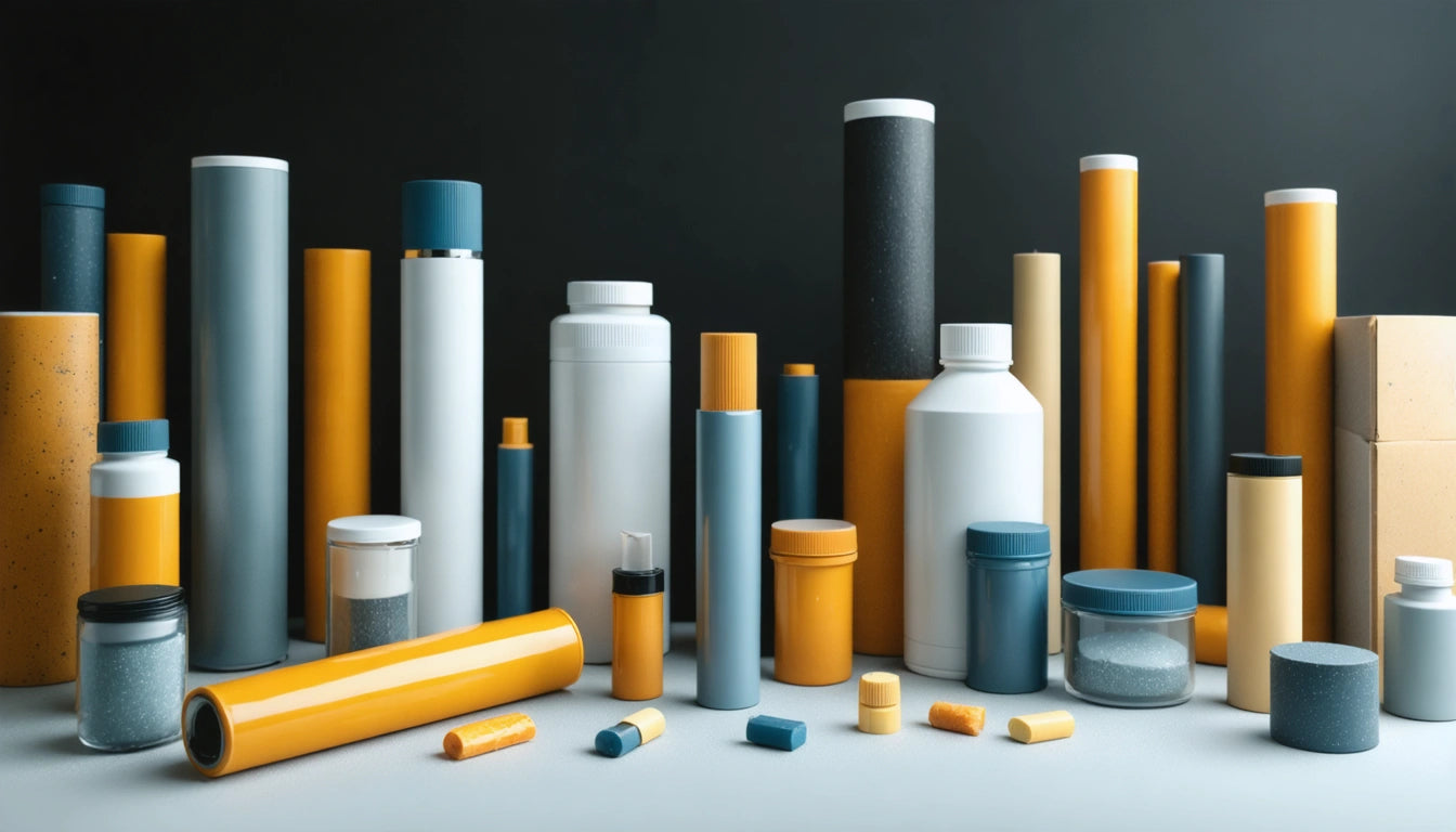 Assorted cylindrical containers in yellow, white, and teal on a gray surface against a dark background