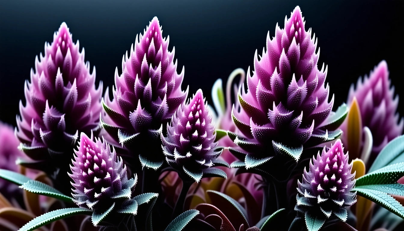 Purple, cone-shaped flowers with spiky petals and green leaves against a dark background