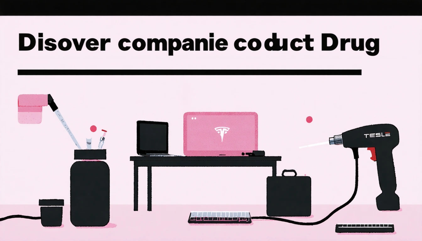 Pink laptop on table, black laptop beside it, black jar with pens, pink mug, black suitcase, and black tool labeled "TESLE