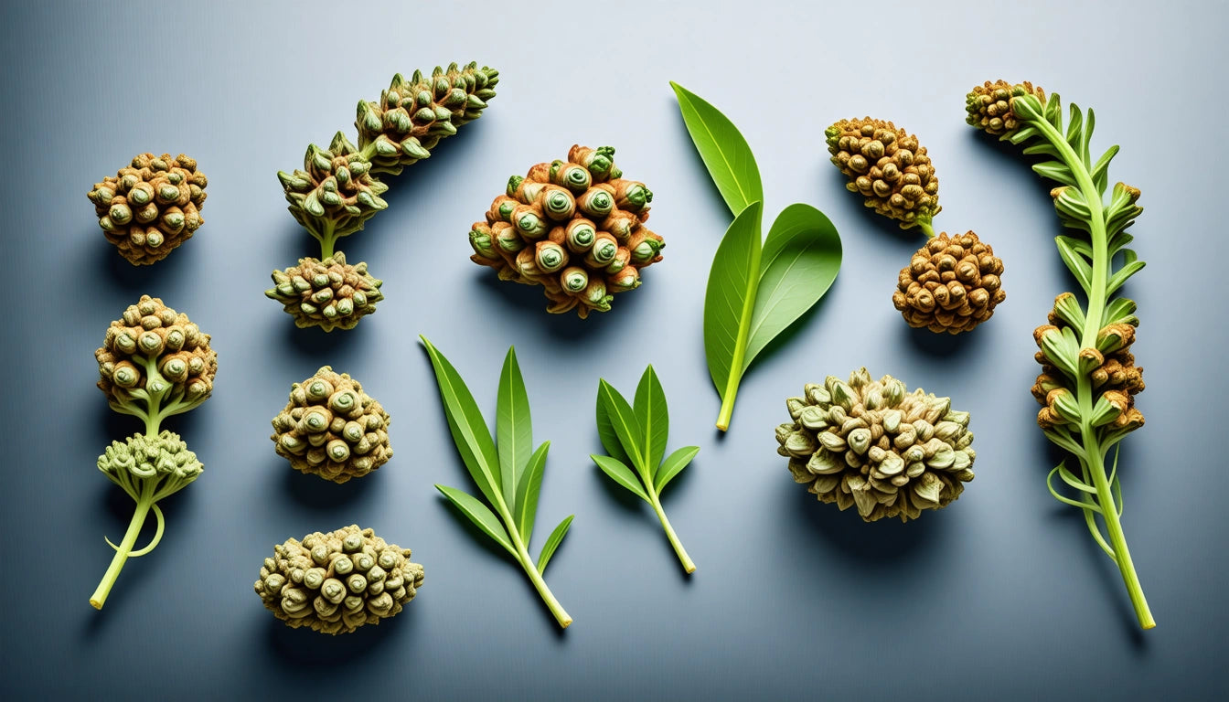 Various textured pine cones and green leaves arranged on a smooth gray surface