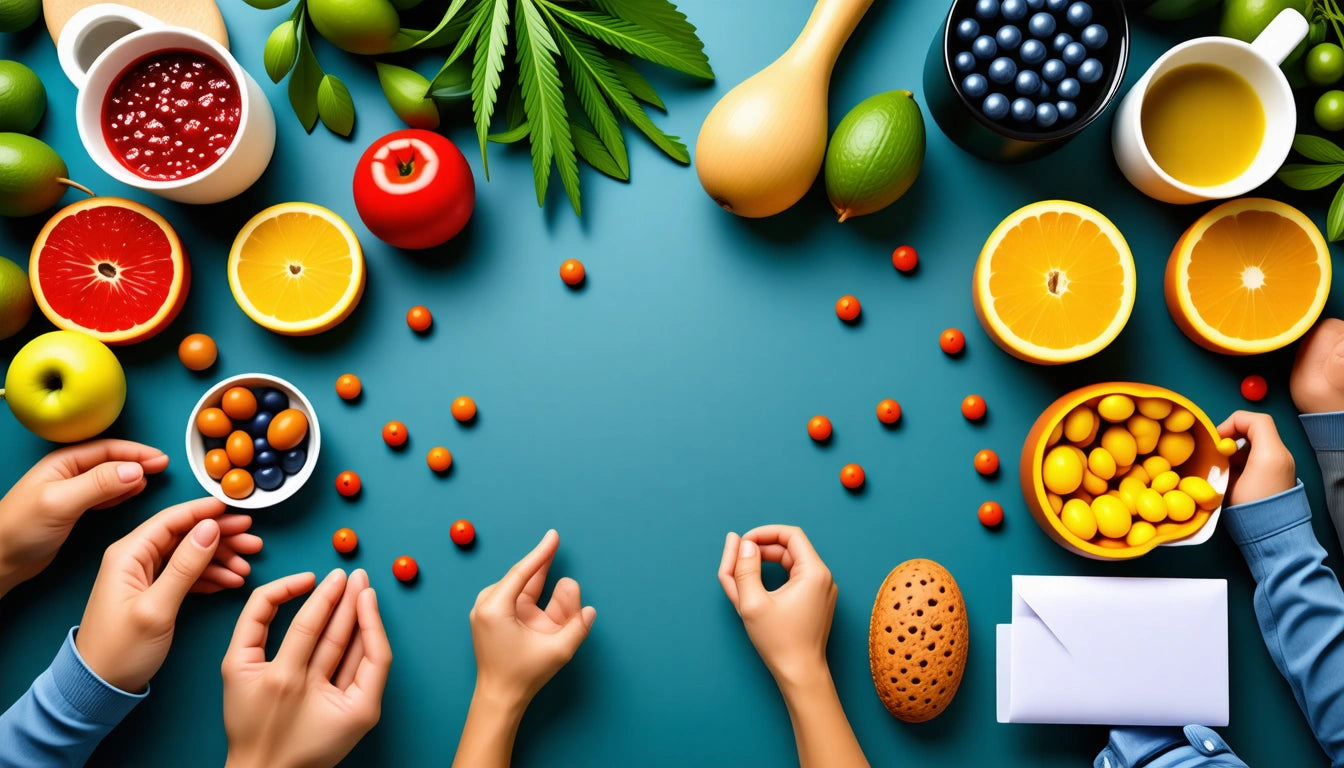 Hands reaching for small orange fruits on a teal surface, surrounded by bowls of berries, citrus fruits, and leafy greens