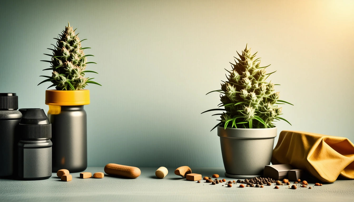 Two potted plants with spiky leaves; various pills and capsules scattered nearby; soft lighting from the right
