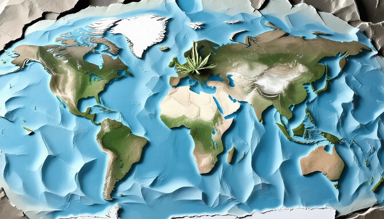 Textured world map with raised landmasses, blue oceans, and a green plant sprouting from Europe