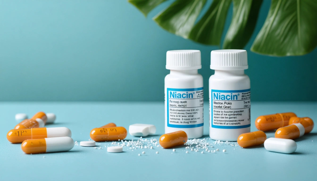 Two white bottles labeled "Niacin" surrounded by scattered orange and white capsules on a blue surface with a green leaf in the background