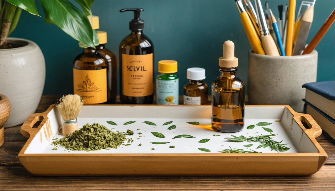 Wooden tray with green leaves, a pile of dried herbs, and a dropper bottle. Background has potted plant and various bottles