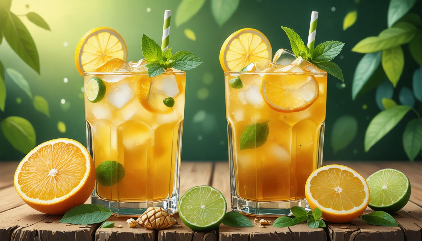 Two glasses of iced orange drinks with lemon slices, mint leaves, and striped straws on a wooden table, surrounded by citrus fruits