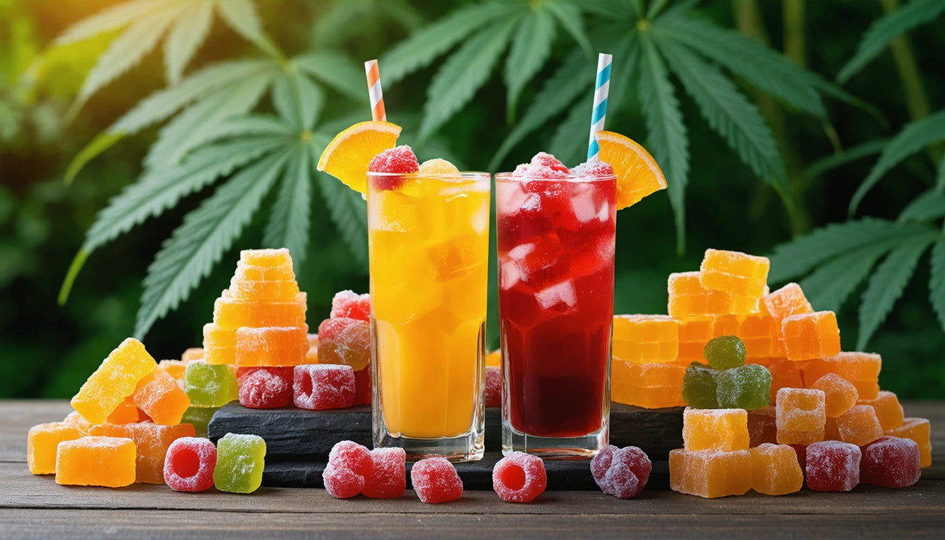 Two glasses with orange and red drinks, ice cubes, and striped straws, surrounded by colorful gummy candies on a wooden surface