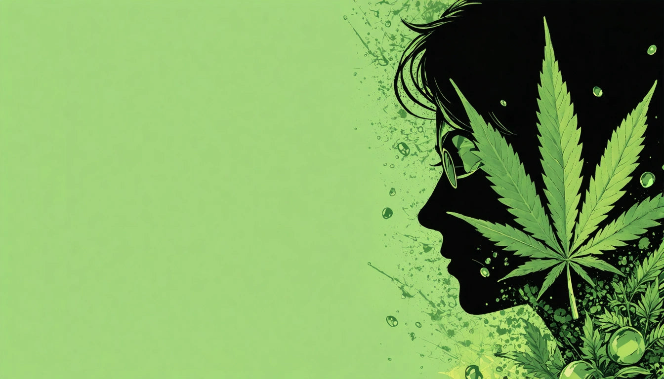 Silhouette of a person with glasses and a large cannabis leaf, green background with splatter effect
