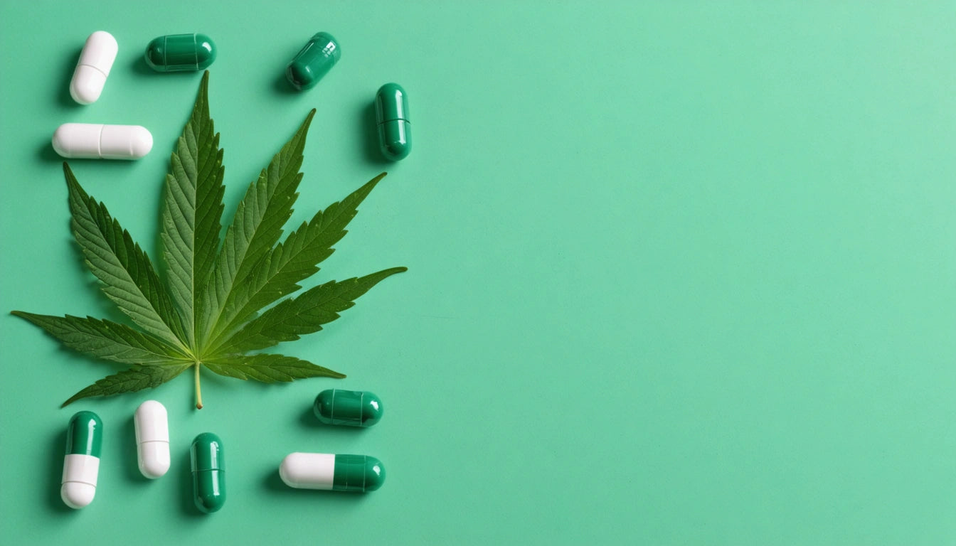Green cannabis leaf surrounded by green and white capsules on a light green background