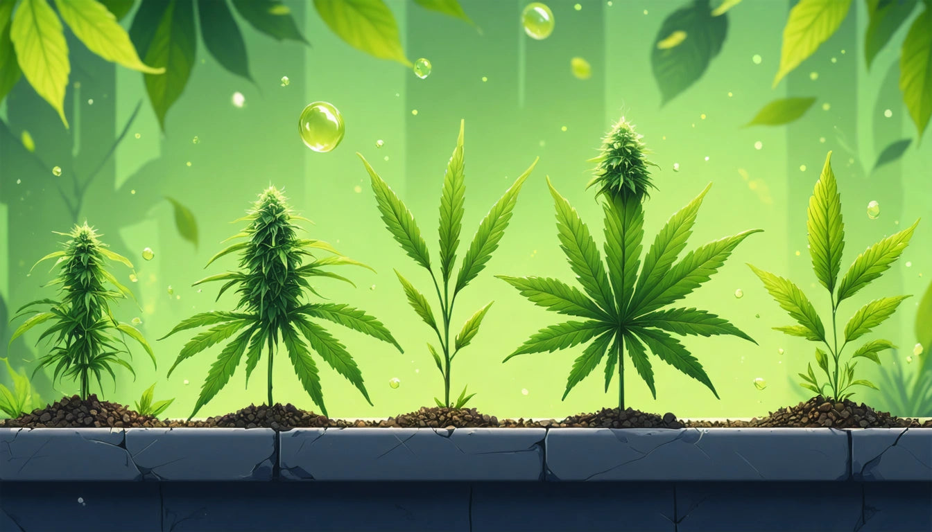 Five cannabis plants at different growth stages on a stone ledge, with a green background and floating bubbles