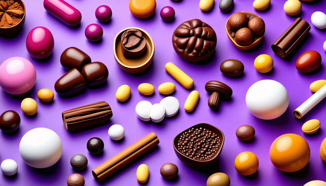 Assorted chocolates and candies in various shapes and colors scattered on a purple background
