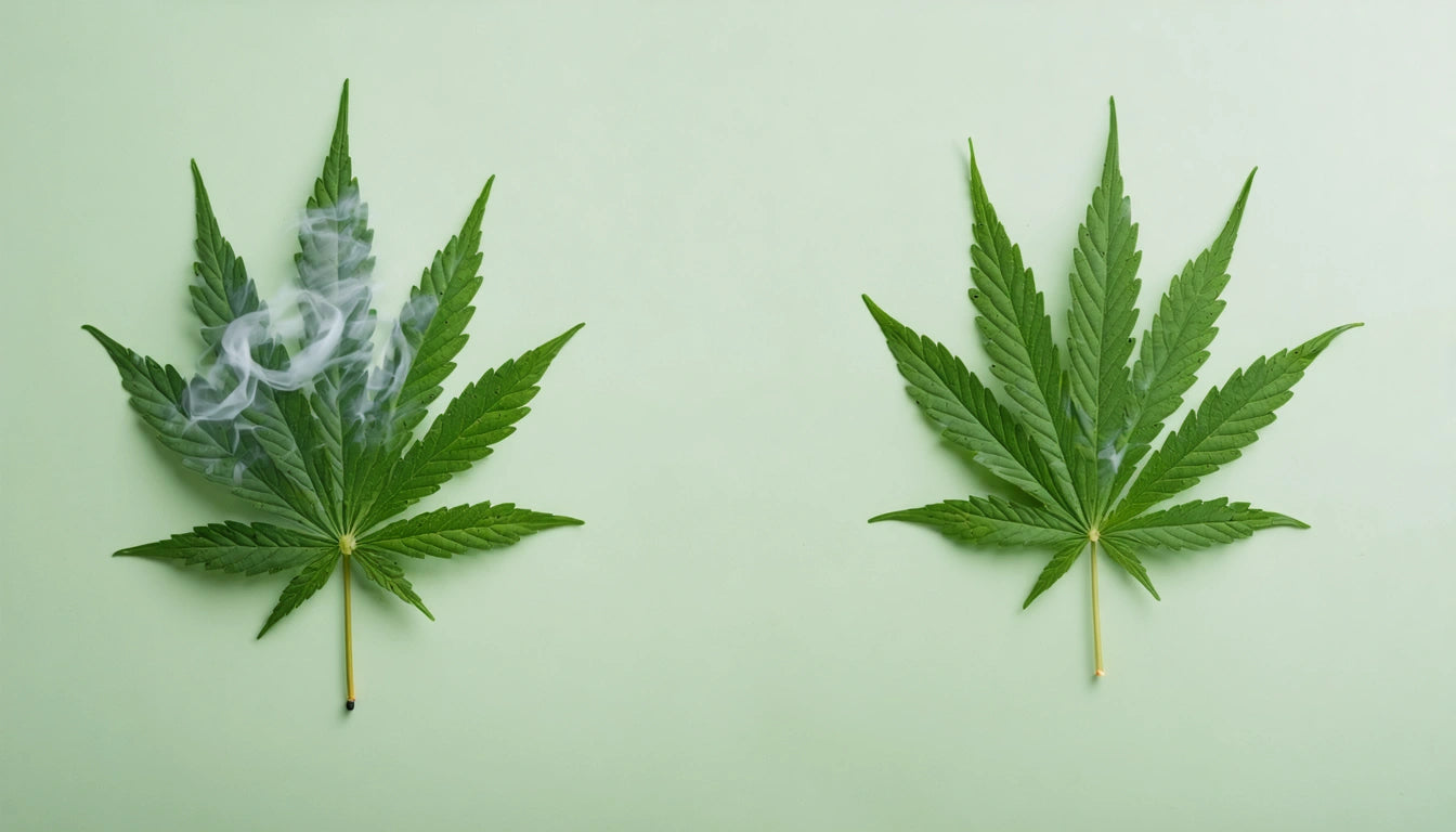 Two green leaves on a light green background, left leaf with smoke curling upwards