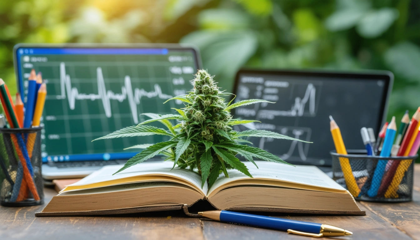 Open book with a plant on top, flanked by two laptops displaying graphs, surrounded by pencil holders with colorful pencils