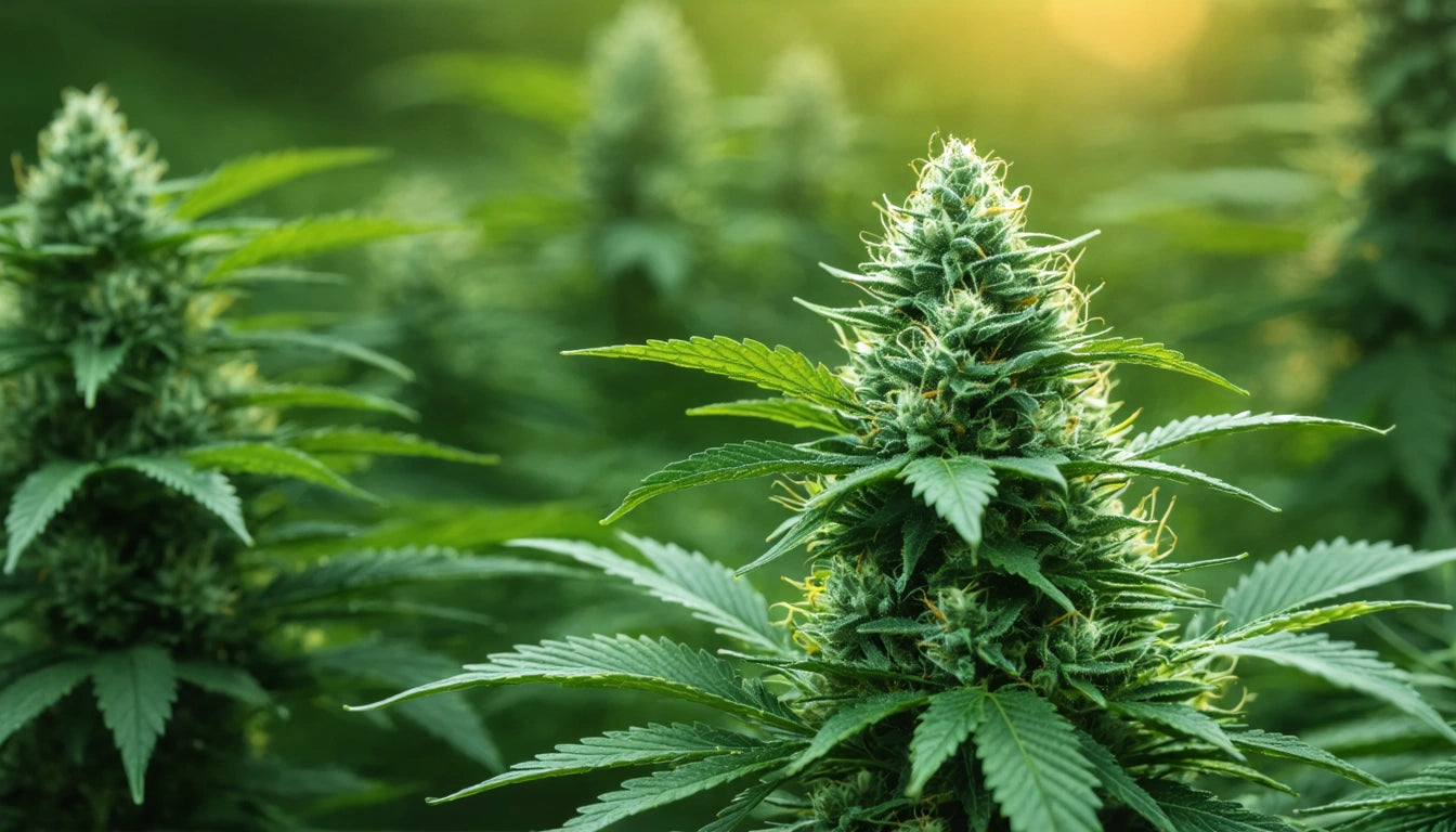 Dense green plant with pointed leaves and a thick, spiky bud in sunlight, surrounded by similar plants