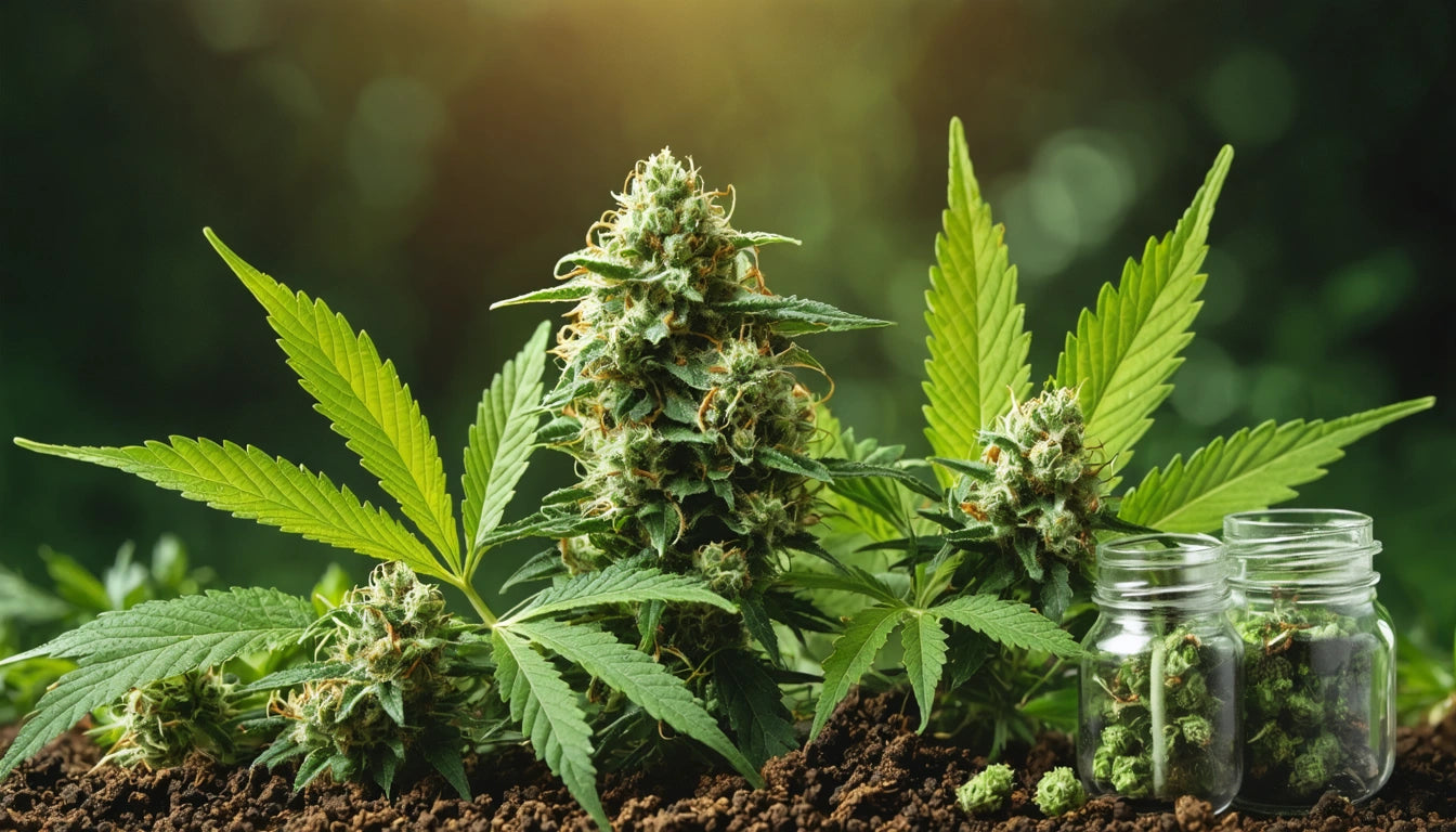 Dense green plant with serrated leaves and buds, growing in soil. Two glass jars with buds beside the plant